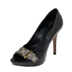 Pre Owned Louis Vuitton Dark Green Patent Leather And Monogram Canvas Idylle Buci Open Toe Pumps Size 35