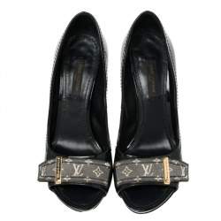 Pre Owned Louis Vuitton Dark Green Patent Leather And Monogram Canvas Idylle Buci Open Toe Pumps Size 35