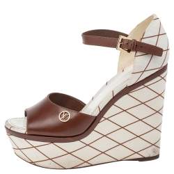Pre Owned Louis Vuitton Brown-White Leather And Canvas Wedge Platform Ankle Strap Sandals Size 38