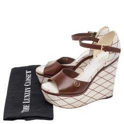 Pre Owned Louis Vuitton Brown-White Leather And Canvas Wedge Platform Ankle Strap Sandals Size 38