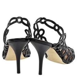 Louis Vuitton Black Patent Laser Cut Leather Peep Toe Slingback Sandals Size 37