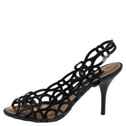 Louis Vuitton Black Patent Laser Cut Leather Peep Toe Slingback Sandals Size 37