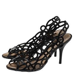 Louis Vuitton Black Patent Laser Cut Leather Peep Toe Slingback Sandals Size 37