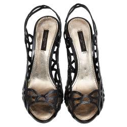 Louis Vuitton Black Patent Laser Cut Leather Peep Toe Slingback Sandals Size 37
