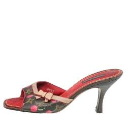 Pre Owned Louis Vuitton Brown/Red Monogram Cerise Canvas Bow Slide Mules Sandals Size 37