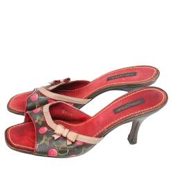 Pre Owned Louis Vuitton Brown/Red Monogram Cerise Canvas Bow Slide Mules Sandals Size 37