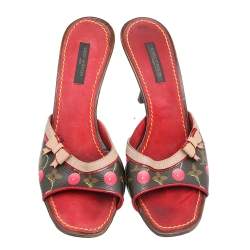 Pre Owned Louis Vuitton Brown/Red Monogram Cerise Canvas Bow Slide Mules Sandals Size 37