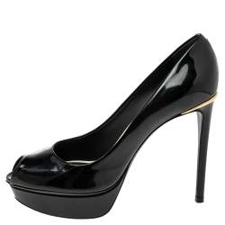 Pre Owned حذاء كعب عالي لوي فيتون ايلين جلد لامع أسود مقدمة مفتوحة مقاس 37