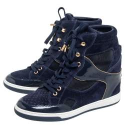 Louis Vuitton Blue Patent Leather, Suede And Mesh Cliff Top Sneakers Size 37