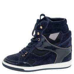 Louis Vuitton Blue Patent Leather, Suede And Mesh Cliff Top Sneakers Size 37