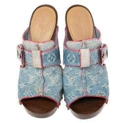 Pre Owned Louis Vuitton Blue Denim Monogram Rosa Mules Size 39.5