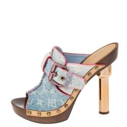 Pre Owned Louis Vuitton Blue Denim Monogram Rosa Mules Size 39.5