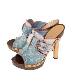 Pre Owned Louis Vuitton Blue Denim Monogram Rosa Mules Size 39.5