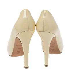 Pre Owned Louis Vuitton Cream Patent Leather Damier Azur Damia Peep-Toe Pumps Size 38.5