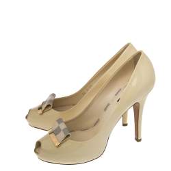 Pre Owned Louis Vuitton Cream Patent Leather Damier Azur Damia Peep-Toe Pumps Size 38.5