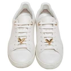 Pre Owned Louis Vuitton White Leather Frontrow Logo Embellished Lace Up Sneakers Size 37.5