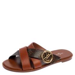 Louis Vuitton Brown Monogram Canvas and Leather Flat Sandals Size