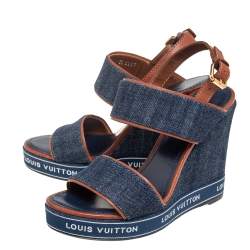 Pre Owned Louis Vuitton Blue/Brown Denim And Leather Wedge Slingback Sandals Size 36.5