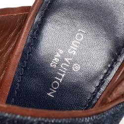Pre Owned Louis Vuitton Blue/Brown Denim And Leather Wedge Slingback Sandals Size 36.5