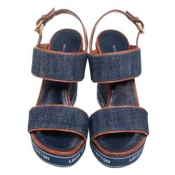 Pre Owned Louis Vuitton Blue/Brown Denim And Leather Wedge Slingback Sandals Size 36.5