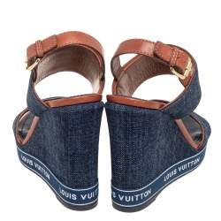 Pre Owned Louis Vuitton Blue/Brown Denim And Leather Wedge Slingback Sandals Size 36.5