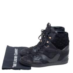 Louis Vuitton Black Leather And Embossed Monogram Suede Millenium Wedge Sneakers Size 39.5