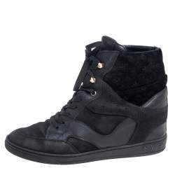 Louis Vuitton Black Leather And Embossed Monogram Suede Millenium Wedge Sneakers Size 39.5