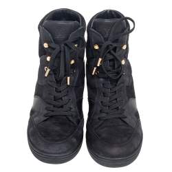 Louis Vuitton Black Leather And Embossed Monogram Suede Millenium Wedge Sneakers Size 39.5