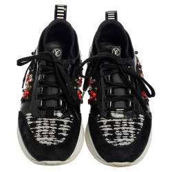 Pre Owned حذاء رياضي لوي فيتون شبك وجلد لامع أسود مزخرف كريستال منخفض من أعلى مقاس 36.5