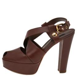 Pre Owned Louis Vuitton Dark Brown Leather Slingback Platform Sandals Size 38.5