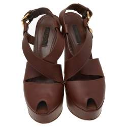 Pre Owned Louis Vuitton Dark Brown Leather Slingback Platform Sandals Size 38.5