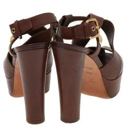 Pre Owned Louis Vuitton Dark Brown Leather Slingback Platform Sandals Size 38.5