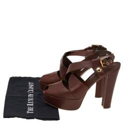 Pre Owned Louis Vuitton Dark Brown Leather Slingback Platform Sandals Size 38.5