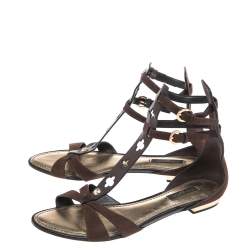 Pre Owned Louis Vuitton Brown Suede And Leather T Strap Flat Sandals Size 38