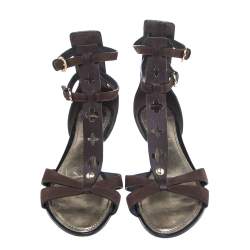 Pre Owned Louis Vuitton Brown Suede And Leather T Strap Flat Sandals Size 38