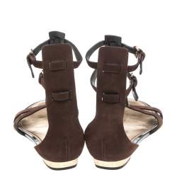 Pre Owned Louis Vuitton Brown Suede And Leather T Strap Flat Sandals Size 38