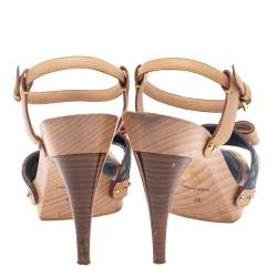 Pre Owned صندل لوي فيتون جلد ودينم أزرق/بيج مونوغرامي خشبي مقاس 37