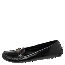 Pre Owned Louis Vuitton Black Patent Leather Logo Embellished Loafer Size 36