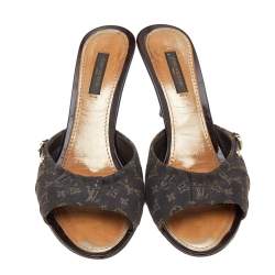 Pre Owned صندل سلايد لوي فيتون جلد لامع وكانفاس مونوغرامي بني مقاس 38