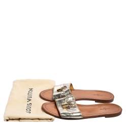 Pre Owned Louis Vuitton Silver Leather Lock It Slide Sandals Size 37.5