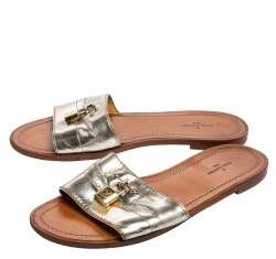 Pre Owned Louis Vuitton Silver Leather Lock It Slide Sandals Size 37.5