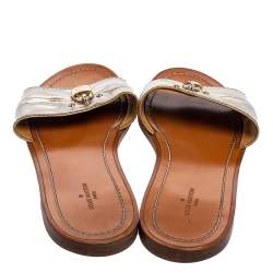 Pre Owned Louis Vuitton Silver Leather Lock It Slide Sandals Size 37.5