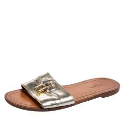Pre Owned Louis Vuitton Silver Leather Lock It Slide Sandals Size 37.5