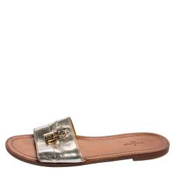 Pre Owned Louis Vuitton Silver Leather Lock It Slide Sandals Size 37.5