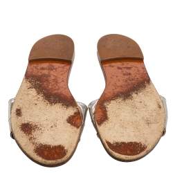 Pre Owned Louis Vuitton Silver Leather Lock It Slide Sandals Size 37.5