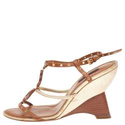Louis Vuitton Brown/Gold Leather  Eyelet T-Strap Wedge Sandals Size 38