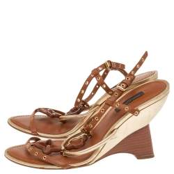 Louis Vuitton Brown/Gold Leather  Eyelet T-Strap Wedge Sandals Size 38