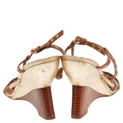 Louis Vuitton Brown/Gold Leather  Eyelet T-Strap Wedge Sandals Size 38