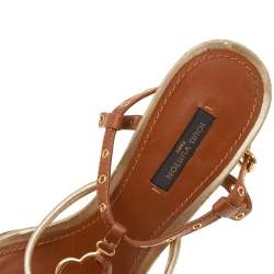 Louis Vuitton Brown/Gold Leather  Eyelet T-Strap Wedge Sandals Size 38