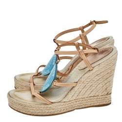 Pre Owned Louis Vuitton Beige/Blue Vachetta Leather Divine Trunks And Bags Espadrille Wedge Sandals Size 36